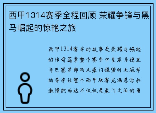 西甲1314赛季全程回顾 荣耀争锋与黑马崛起的惊艳之旅