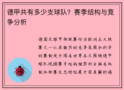 德甲共有多少支球队？赛季结构与竞争分析